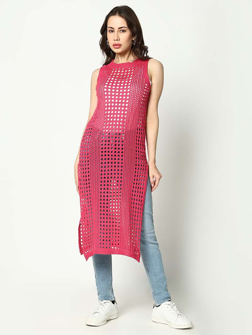 women pink solid crochet longline top