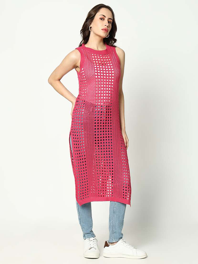 women pink solid crochet longline top - 21643528 -  Standard Image - 2