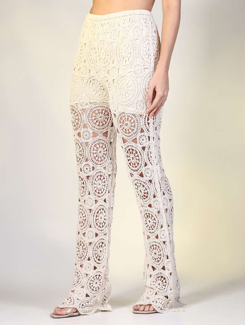  women cream solid crochet full length trouser - 21643536 -  Standard Image - 2