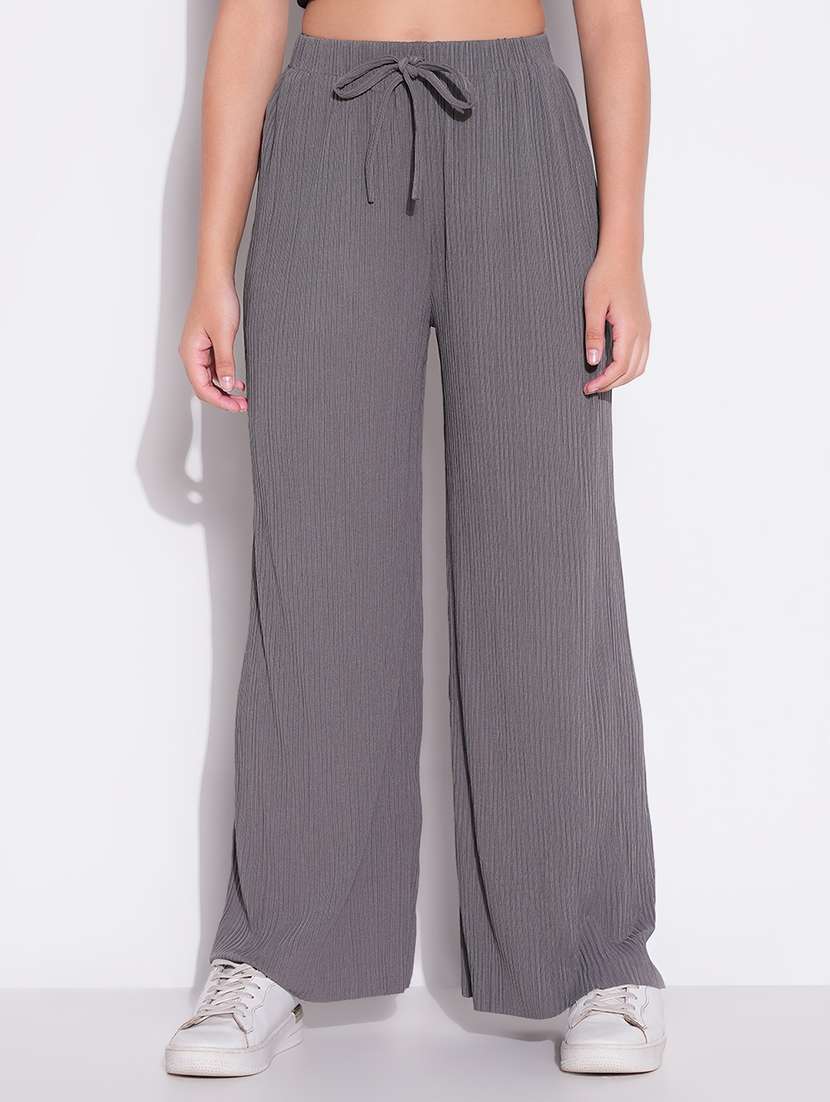 women solid high rise wide leg trouser
