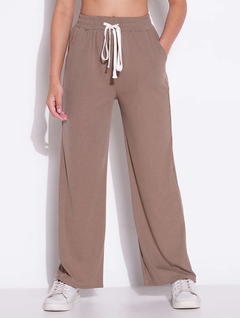 women solid high rise wide leg trouser
