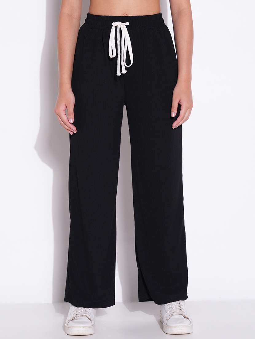 women solid high rise wide leg trouser