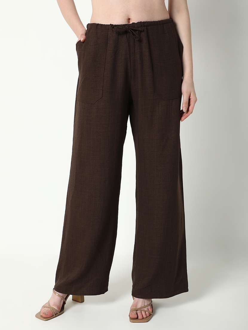 women solid high rise wide leg trouser