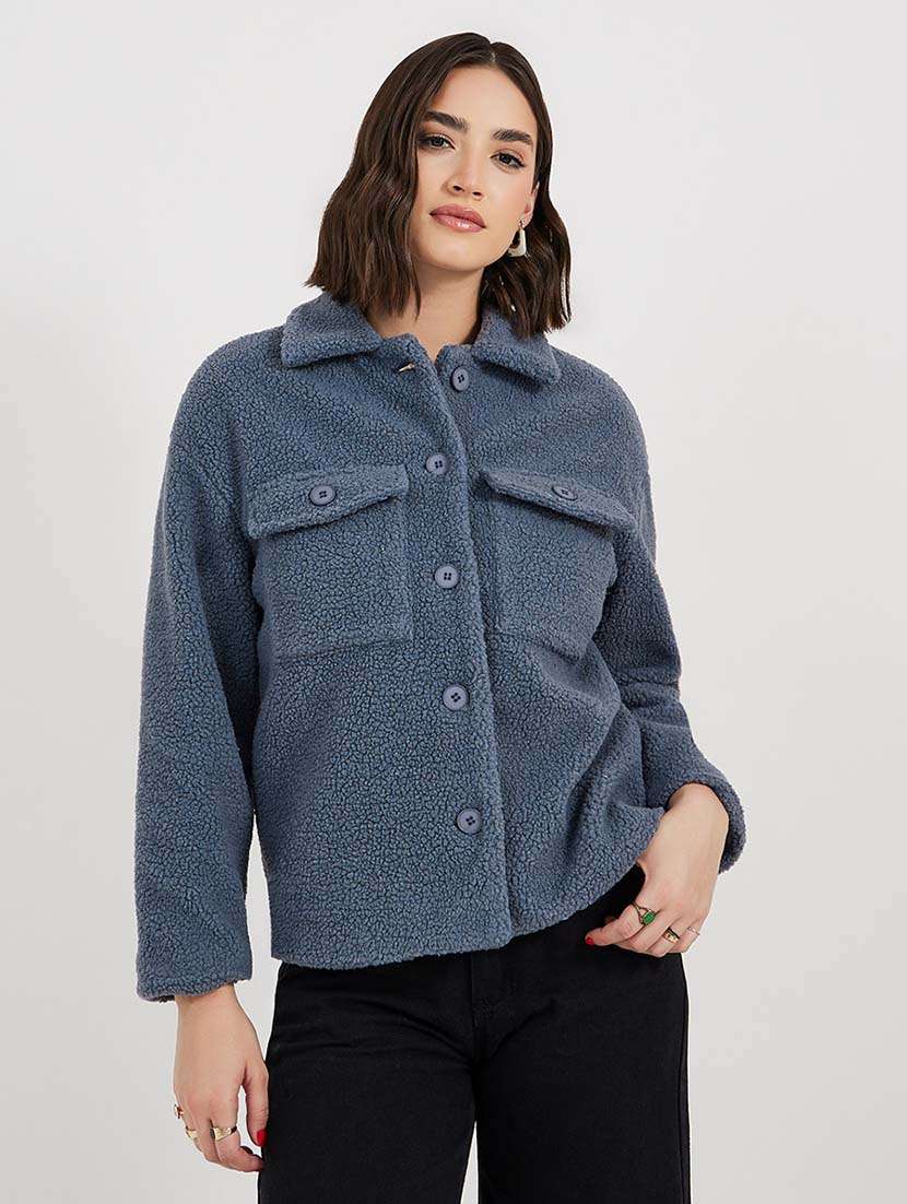 women blue solid long sleeve fur  jacket