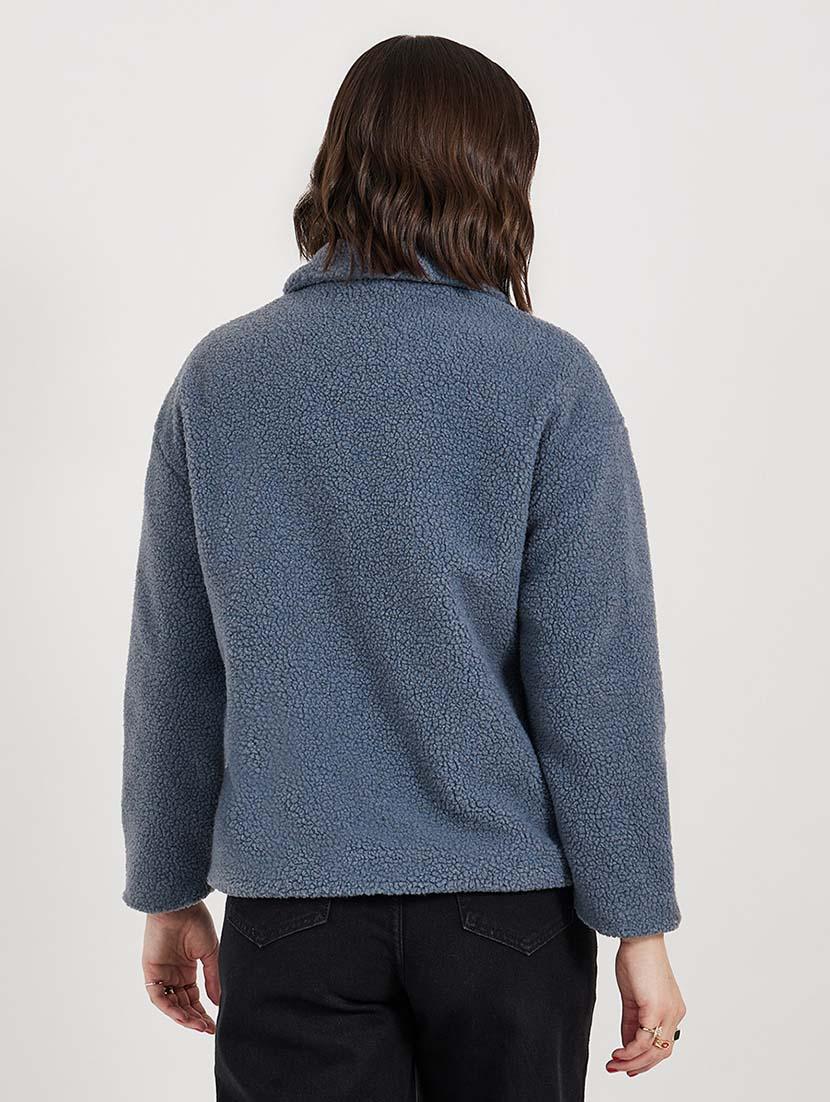women blue solid long sleeve fur jacket - 21643748 - Standard Image - 2