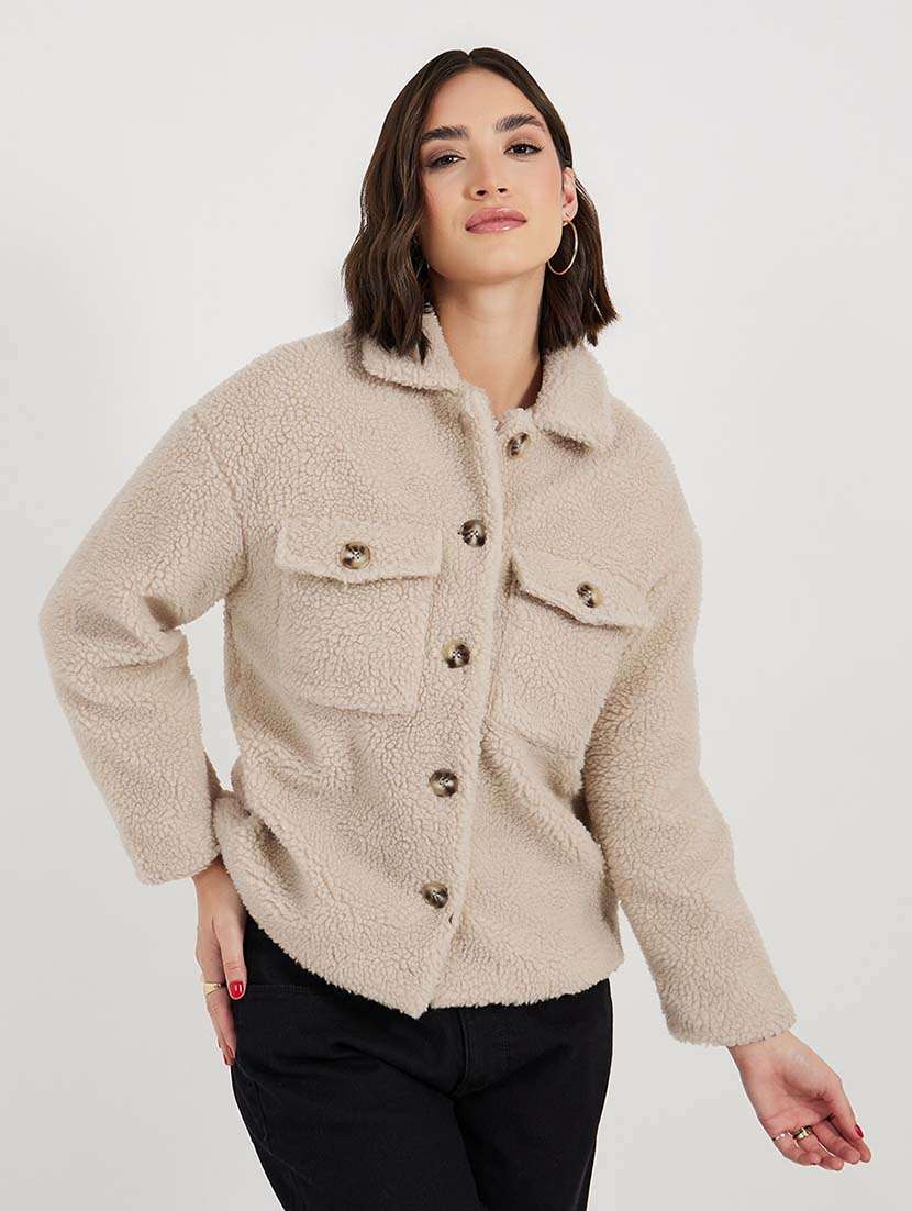 women beige solid long sleeve fur  jacket