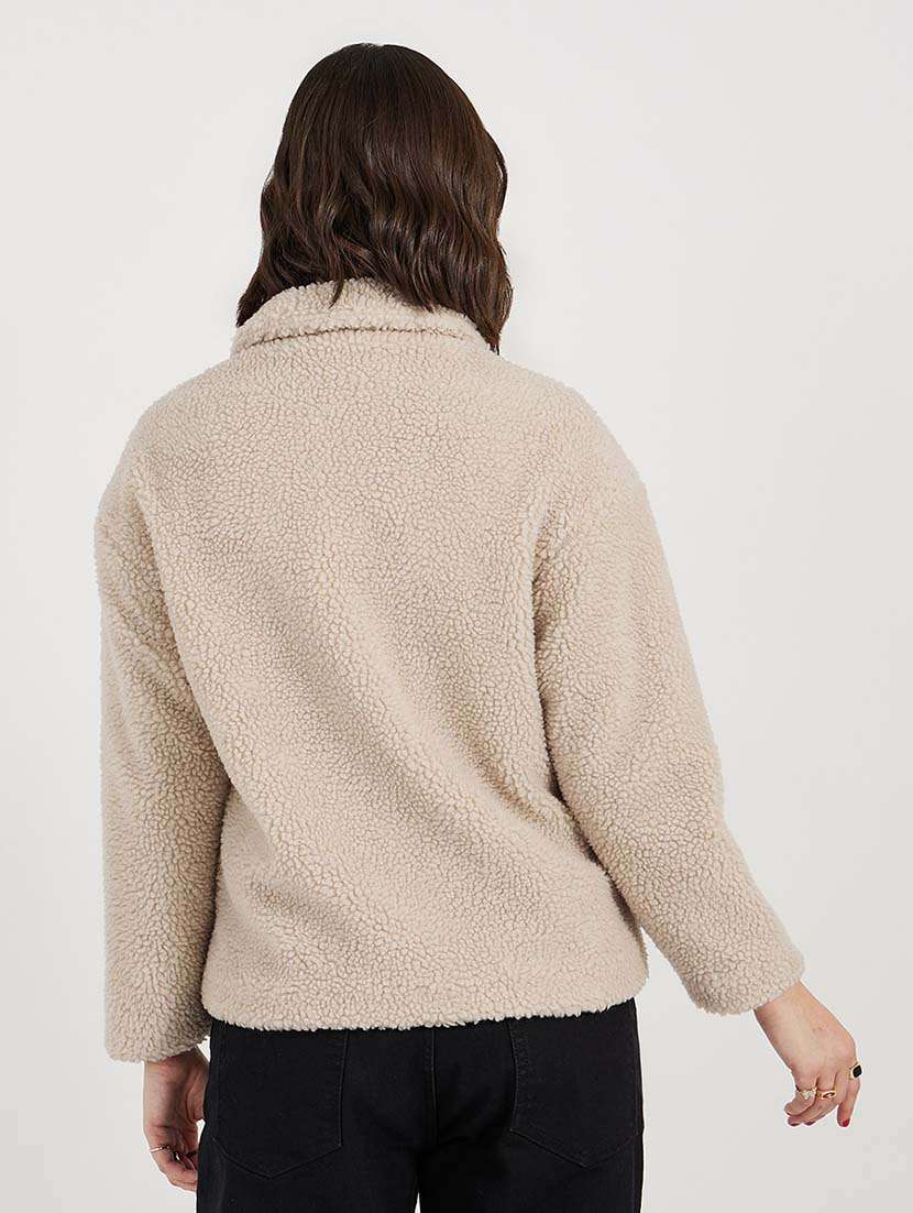 women beige solid long sleeve fur jacket - 21643749 - Standard Image - 2