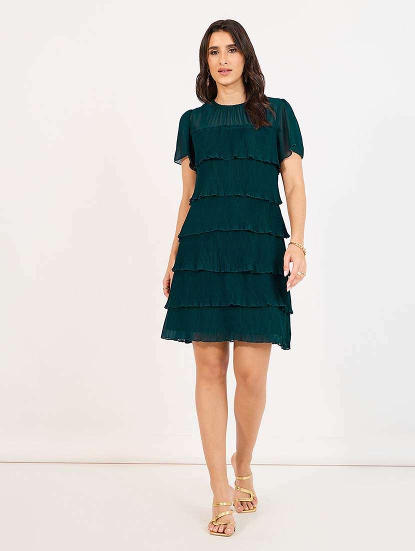women teal solid round neck layered dress