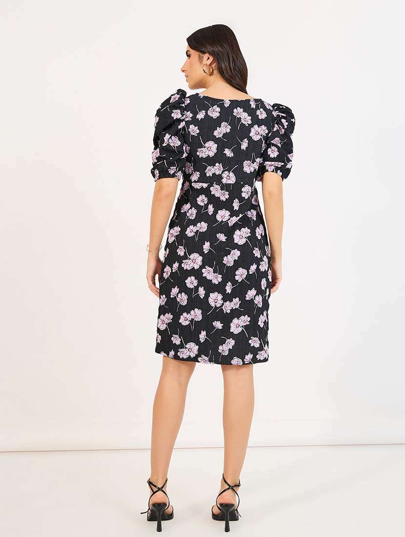 women black florals puff sleeve asymmetric dress - 21643760 -  Standard Image - 2