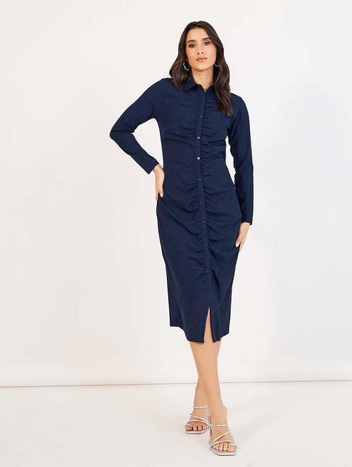 women blue solid long sleeve collared neck a-line dress - 21643761 - Standard Image - 0