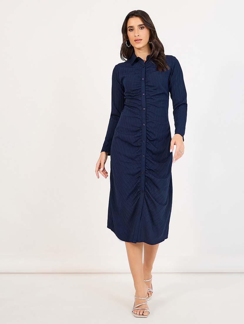 women blue solid long sleeve collared neck a-line dress - 21643761 - Standard Image - 2
