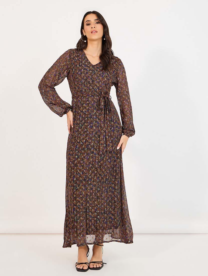 women brown floral long sleeve wrap dress - 21643764 - Zoom Image - 0