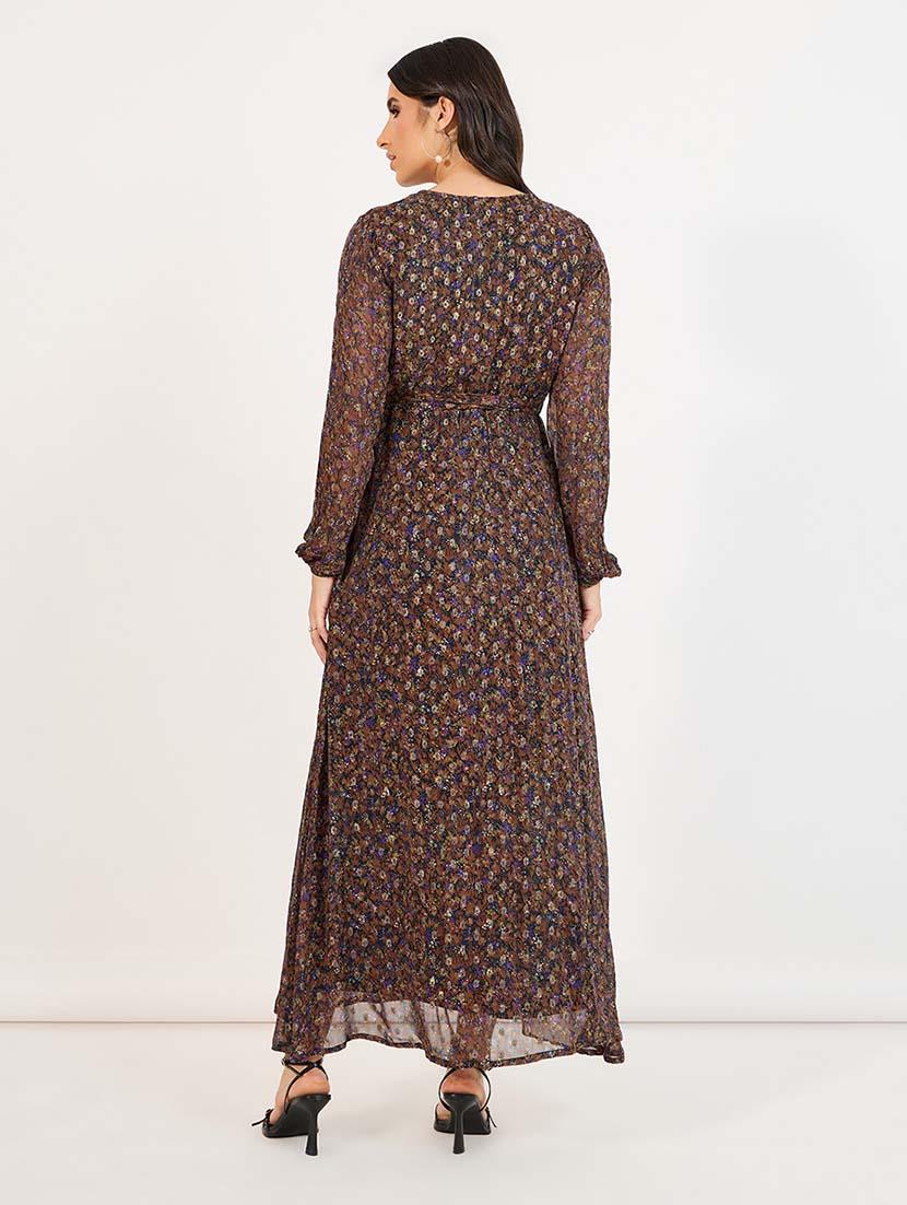 women brown floral long sleeve wrap dress - 21643764 - Standard Image - 2