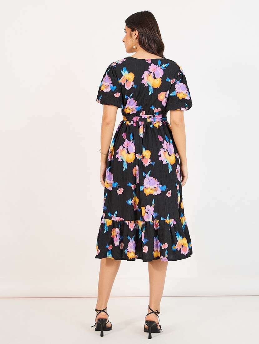 women black florals puff sleeve tiered dress - 21643767 -  Standard Image - 2