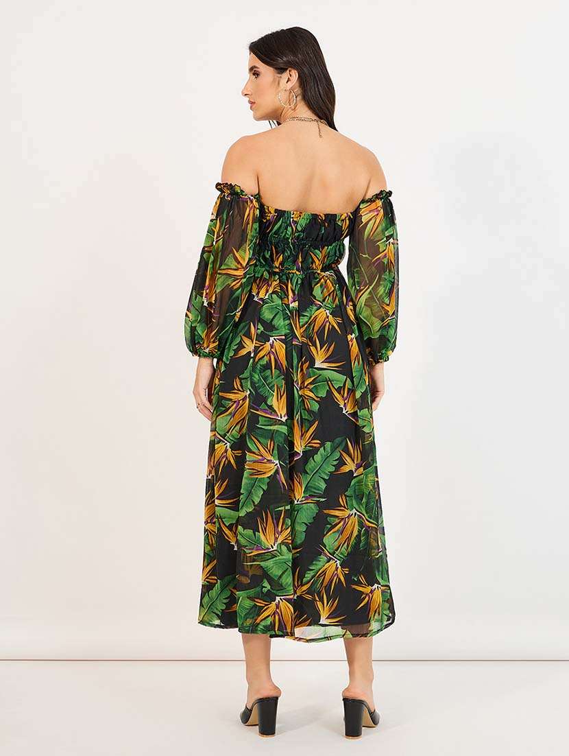 women black printed off shoulder neck a-line dress - 21643768 -  Standard Image - 2