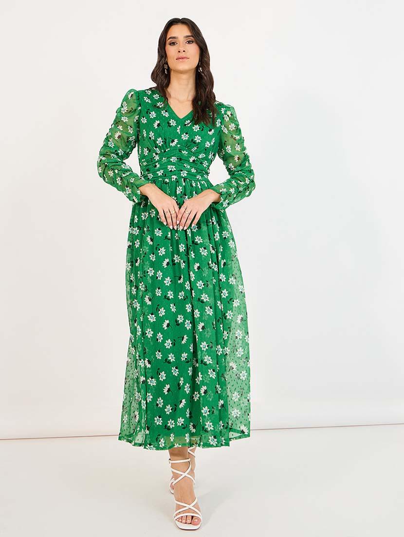 women green florals long sleeve fit & flare dress