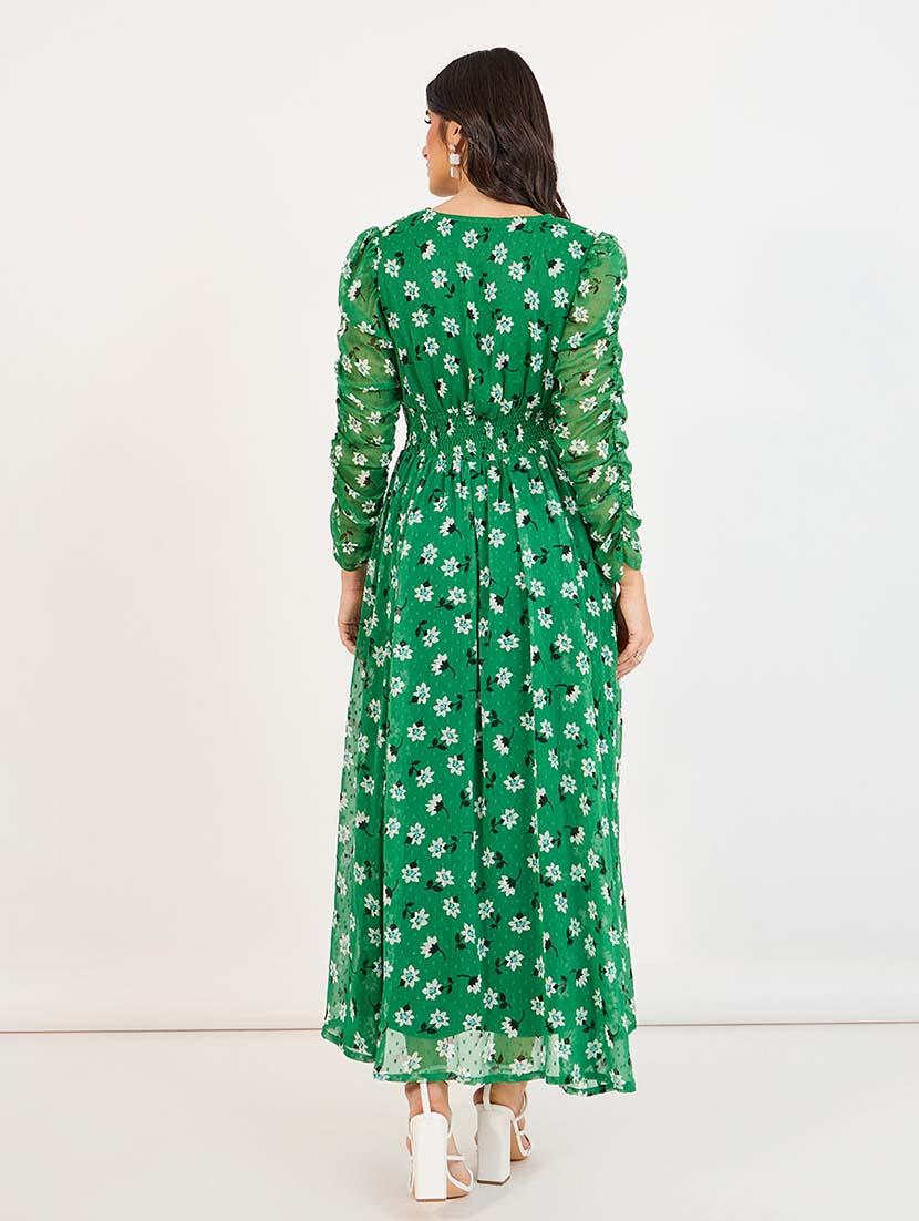 women green florals long sleeve fit & flare dress - 21643772 - Standard Image - 2