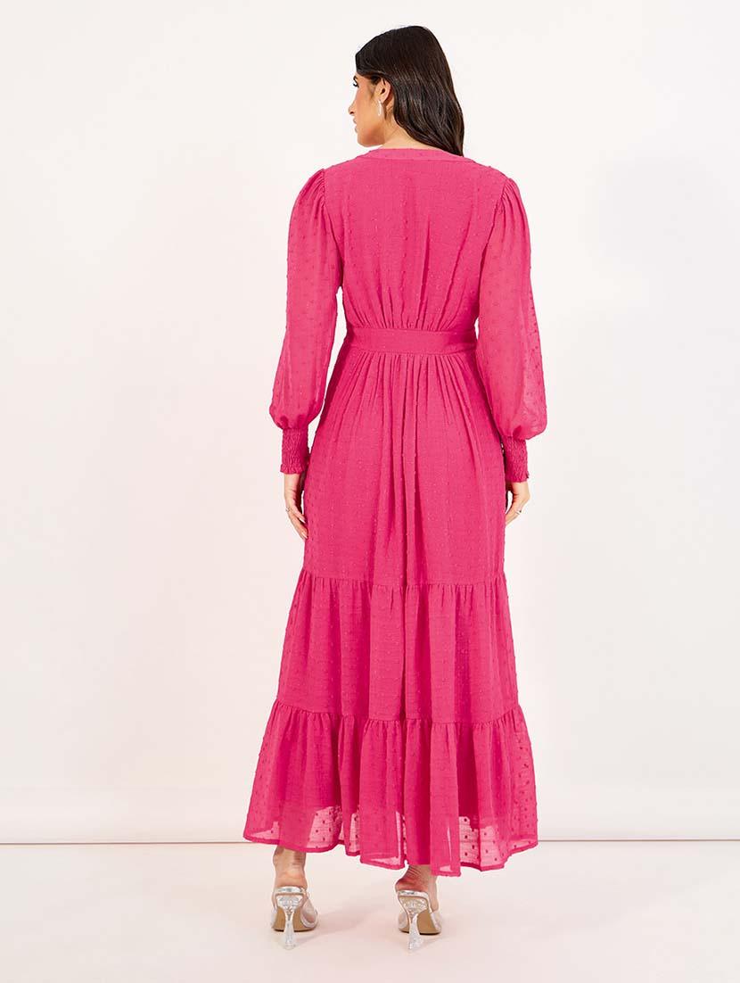 women pink solid long sleeve tiered dress - 21643773 - Standard Image - 2