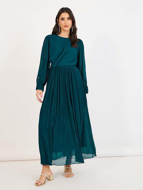 women teal solid long sleeve fit & flare dress - 21643779 - Standard Image - 0
