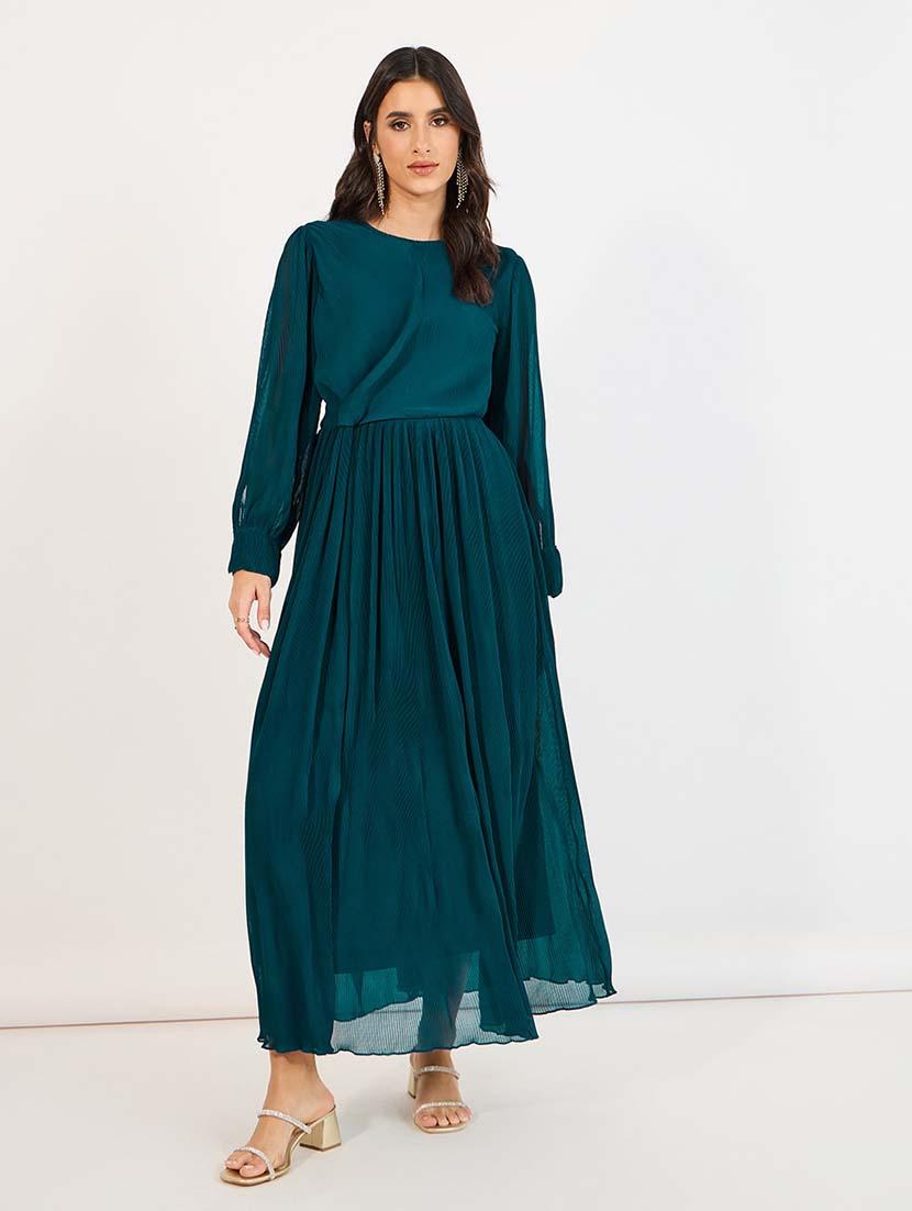 women teal solid long sleeve fit & flare dress - 21643779 - Zoom Image - 0