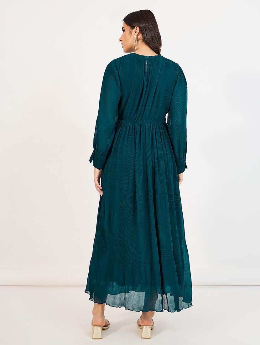 women teal solid long sleeve fit & flare dress - 21643779 - Standard Image - 2