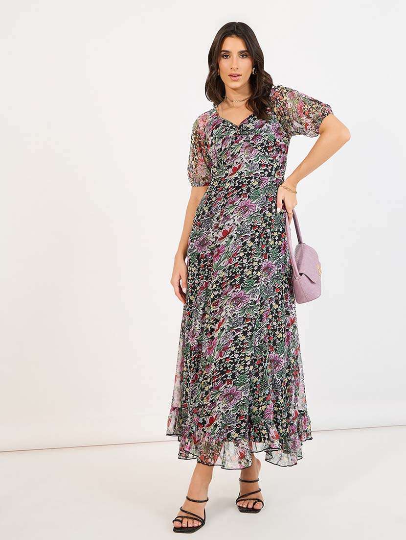 women printed puff sleeves dress - 21643786 - Zoom Image - 0