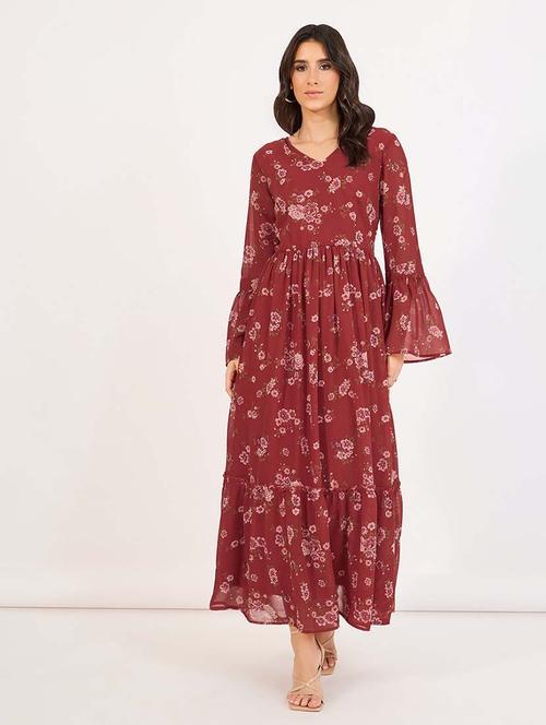 women printed bell sleeves tiered dress - 21643797 - Standard Image - 0