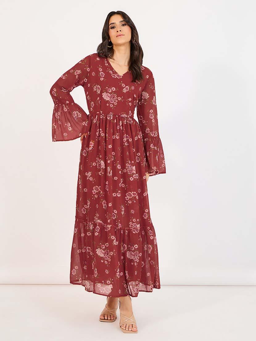 women printed bell sleeves tiered dress - 21643797 - Standard Image - 2