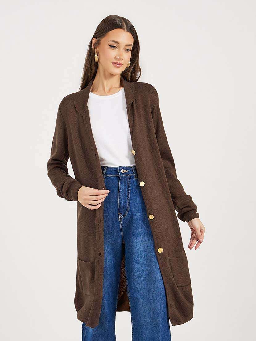 women solid long sleeves long cardigan