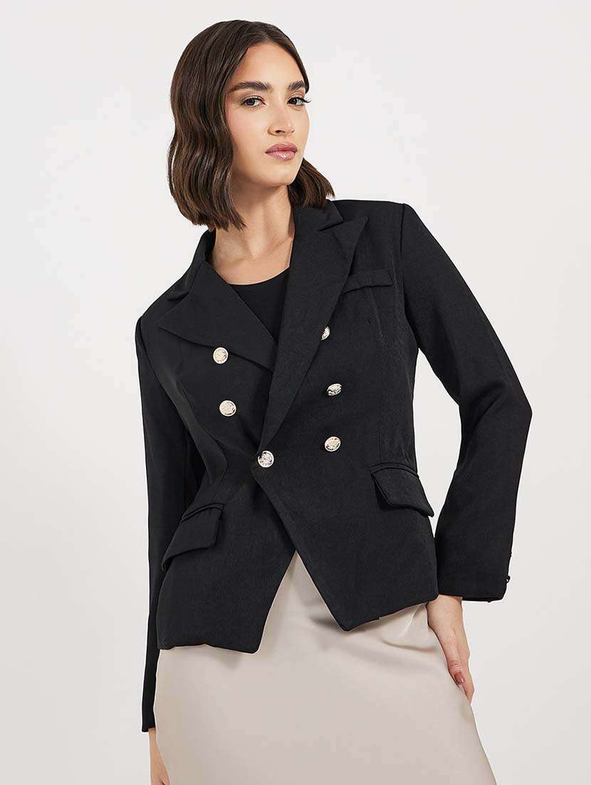 women solid long sleeves double breasted blazer