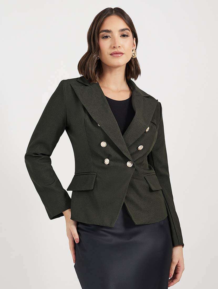 women solid long sleeves double breasted blazer
