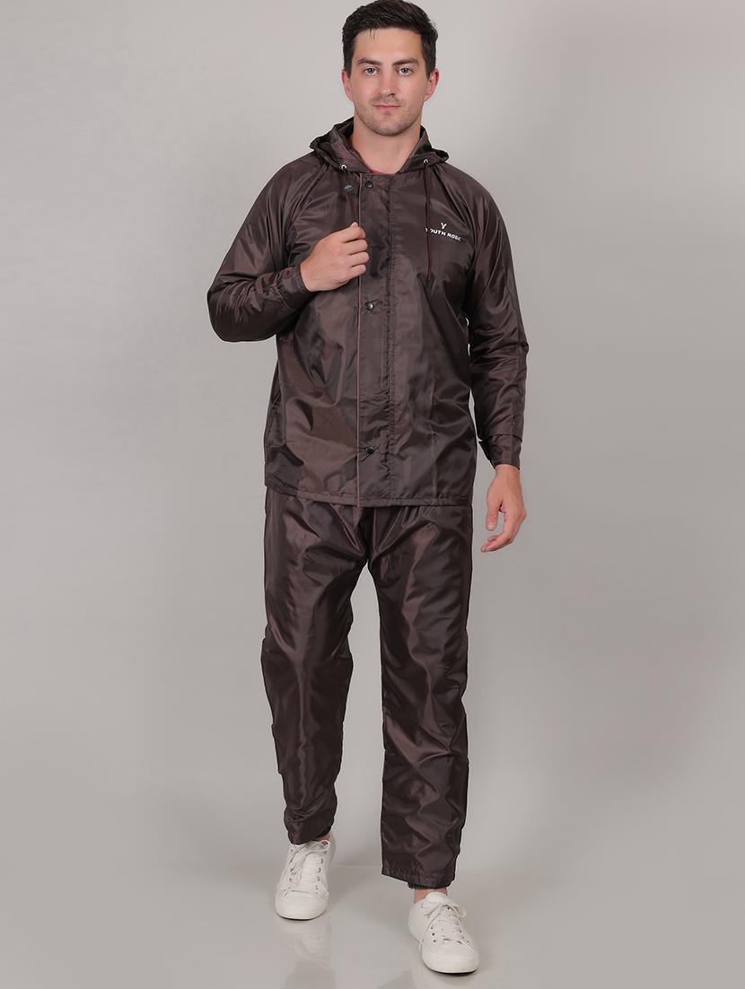 men solid hood neck rain suit set