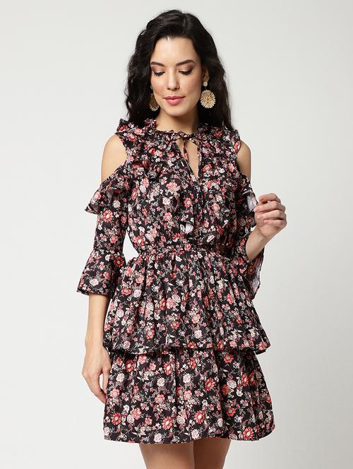 women printed cold shouder layered dress  - 21643976 -  Standard Image - 0