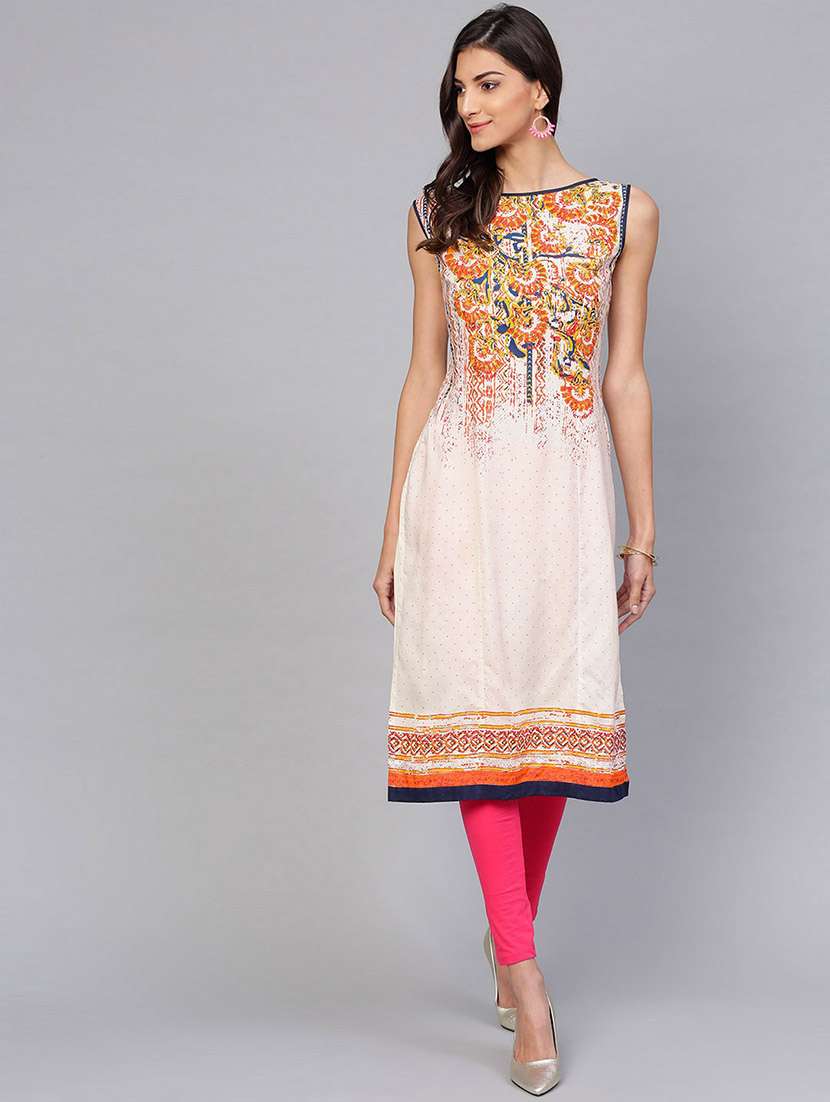 women off white printed sleeveless straight kurta