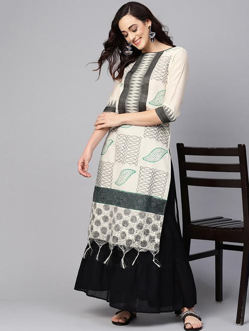 women off white printed round neck straight kurta - 21644025 -  Standard Image - 0