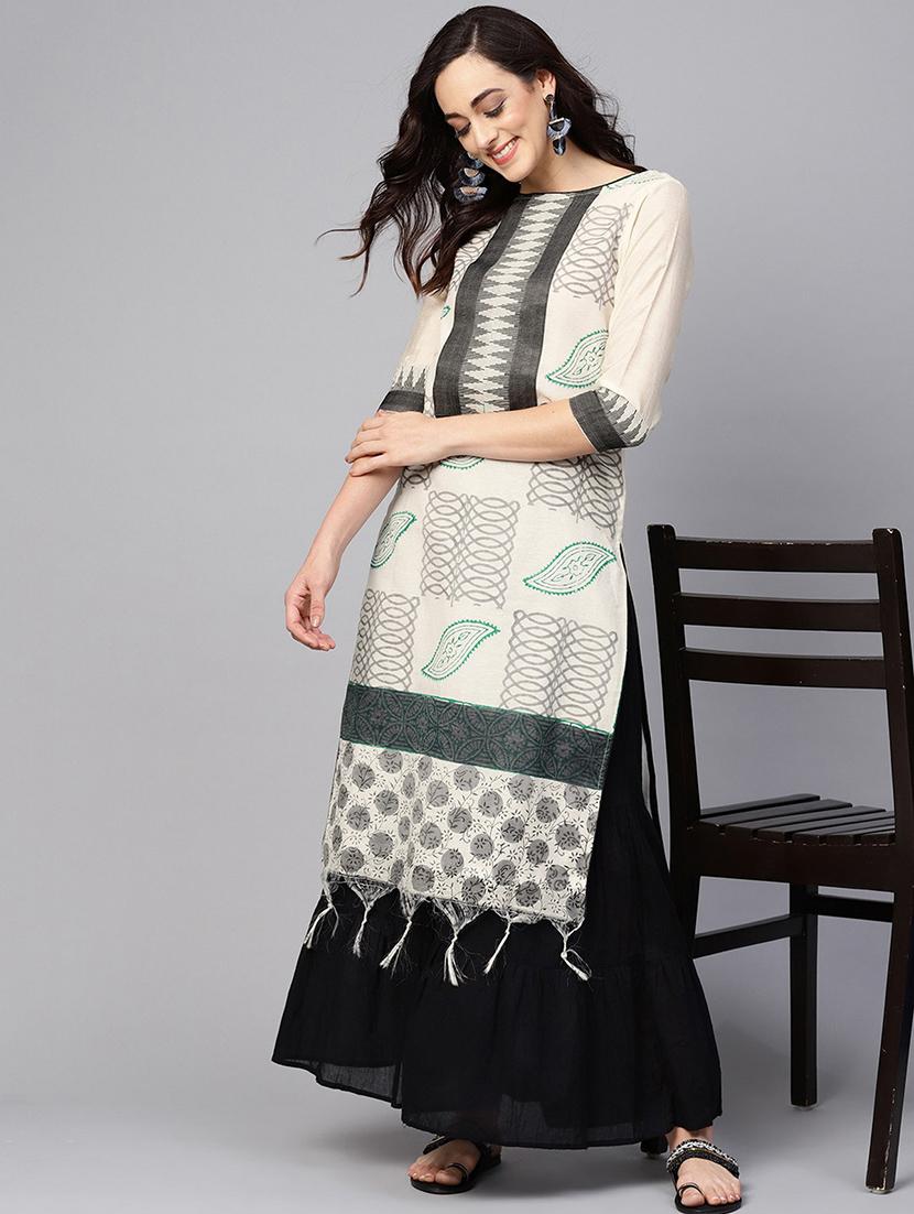 women off white printed round neck straight kurta - 21644025 -  Zoom Image - 0