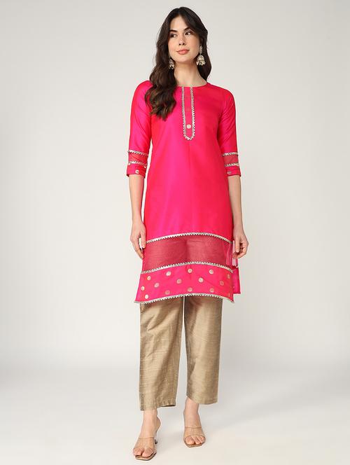women pink three quarter sleeve straight kurta - 21644065 -  Standard Image - 0