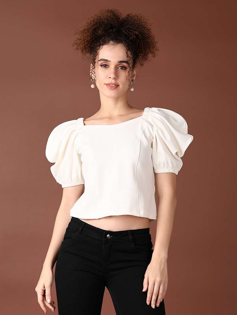 women solid puff sleeve crop top