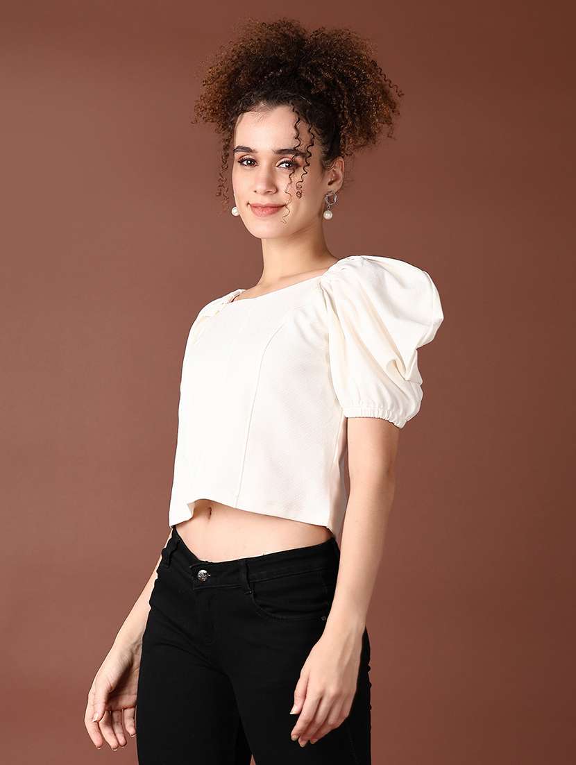 women solid puff sleeve crop top - 21644137 -  Standard Image - 2