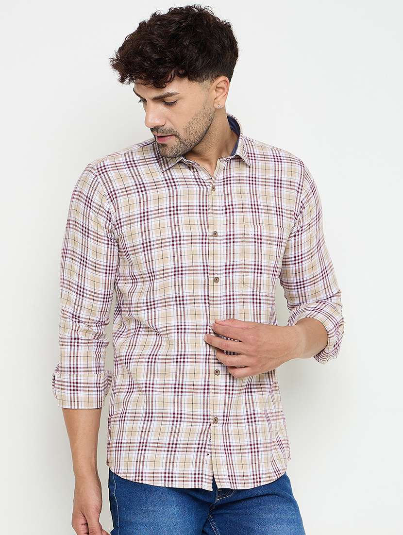 men slim fit checkered long sleeve casual shirt