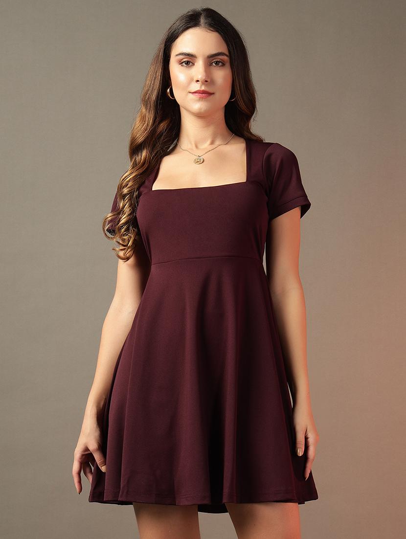 women solid puff sleeves fit & flare dress - 21644415 - Zoom Image - 0