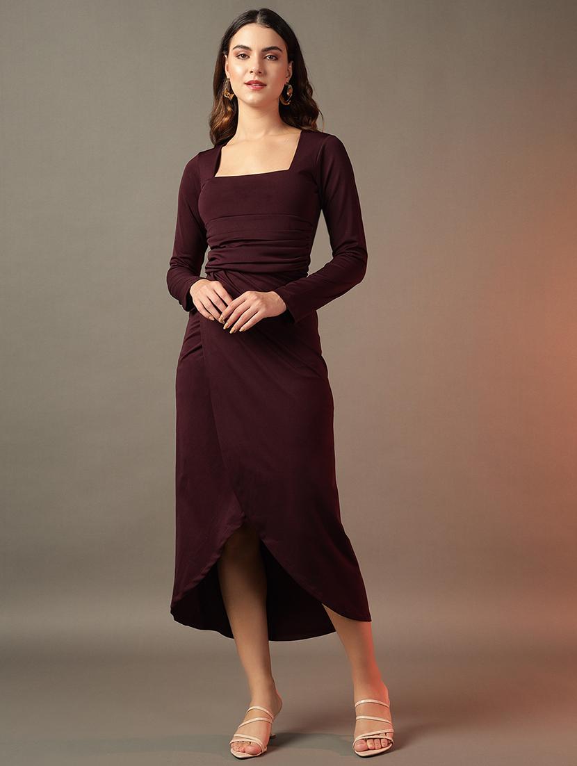 women solid long sleeves wrap dress - 21644417 - Zoom Image - 0