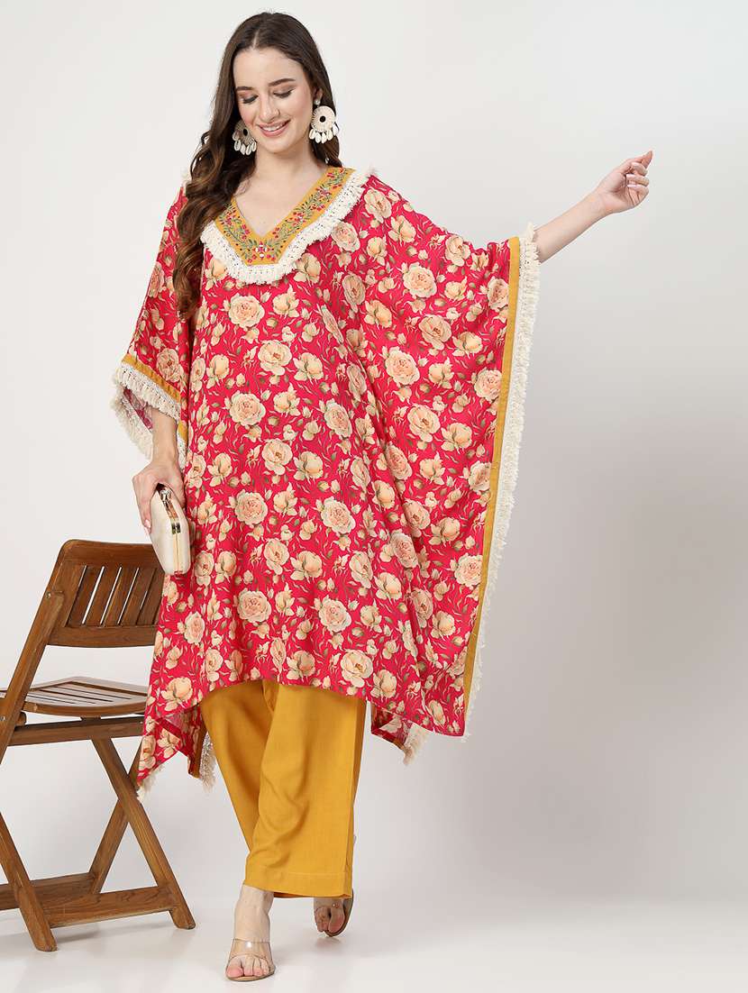 women red floral printed v neck kaftan set