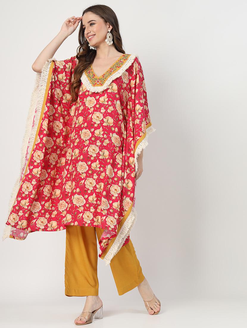 women red floral printed v neck kaftan set - 21644426 - Standard Image - 2