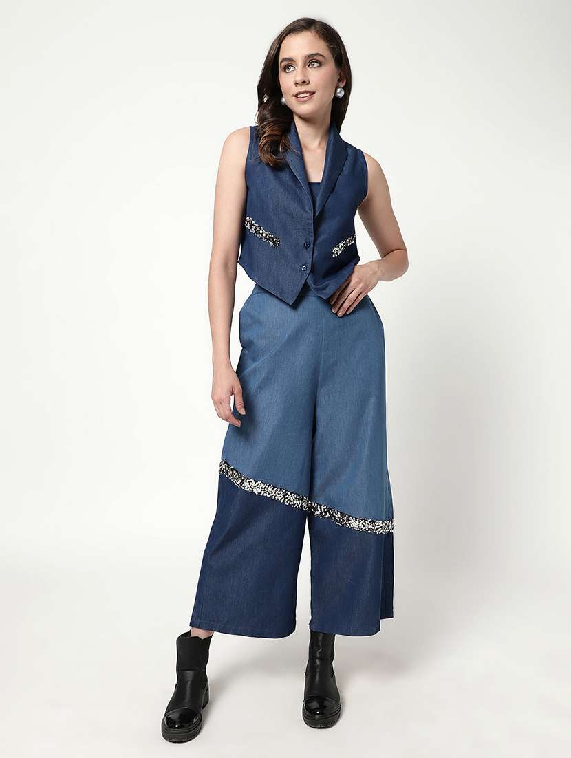 women blue denim top and trouser co-ord set