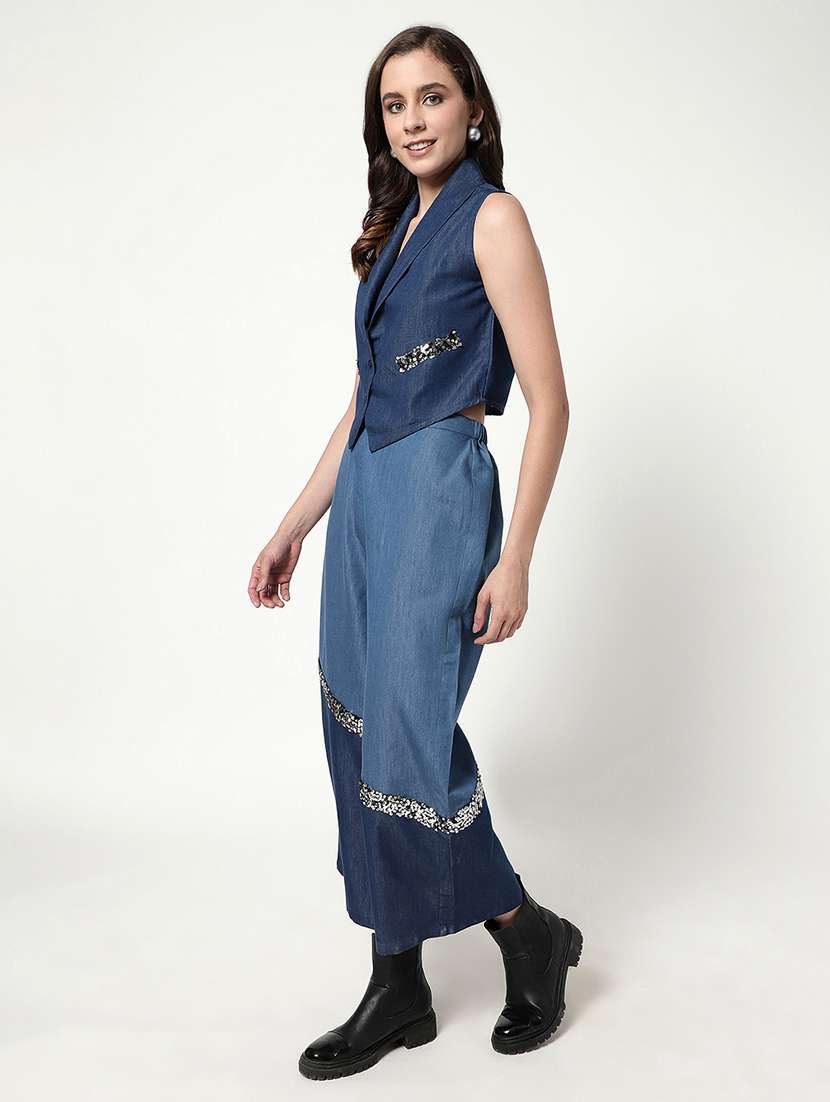 women blue denim top and trouser co-ord set - 21644477 -  Standard Image - 2