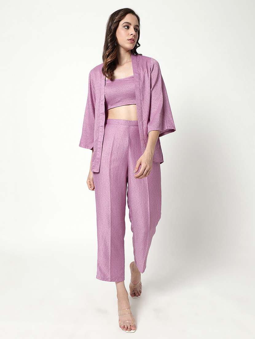 women solid top and trouser set with blazer