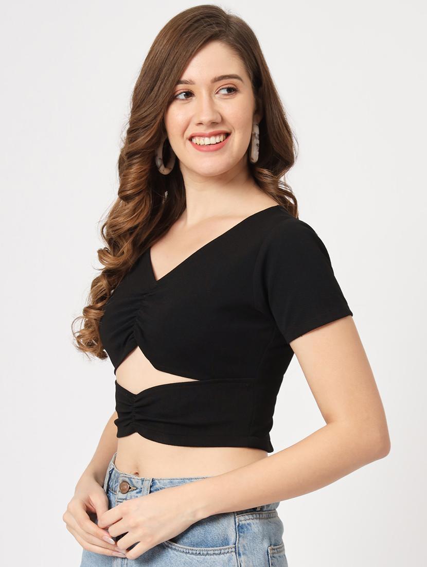 women solid short sleeves crop top - 21644550 - Standard Image - 2