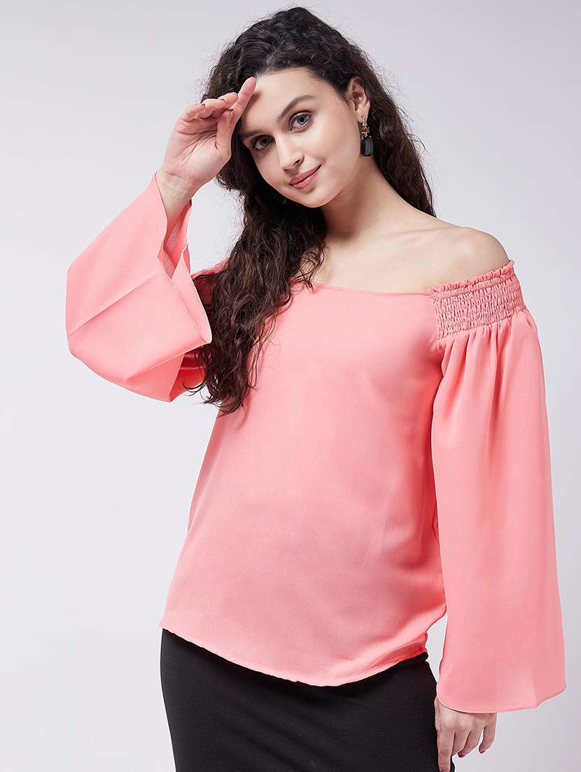 women solid bell sleeve off shoulder top