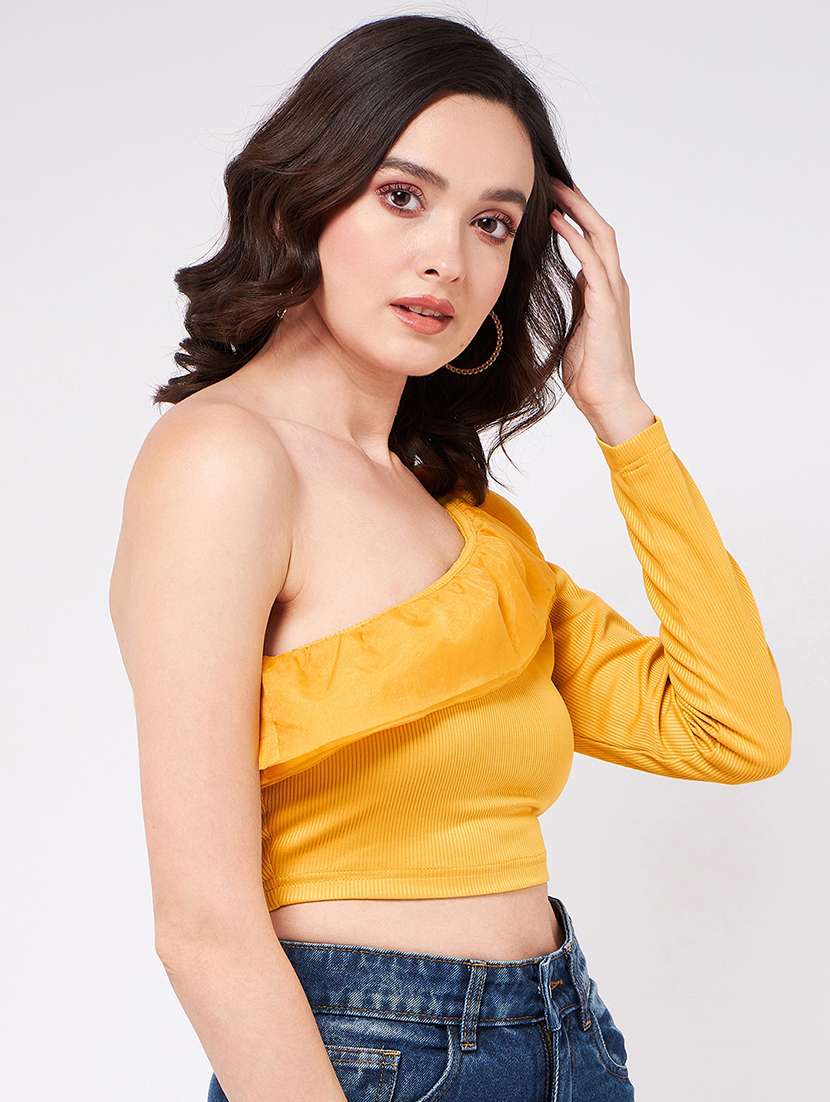 women solid single shoulder crop top - 21644611 -  Standard Image - 2